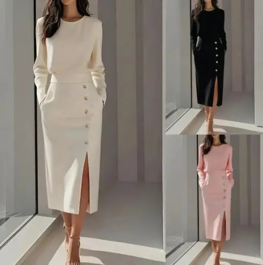 Women's Elegant High Waist Dresses  Autumn New Fashion Temperament Solid Color Round Neck Button Decor Slit Dress for Women
