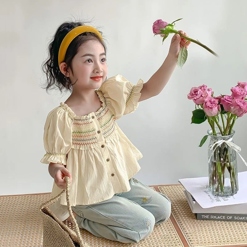 Spring Summer Kids Fashion Color Stripe Puff Sleeve Cotton Blouse Elegant Casual Top for Girl