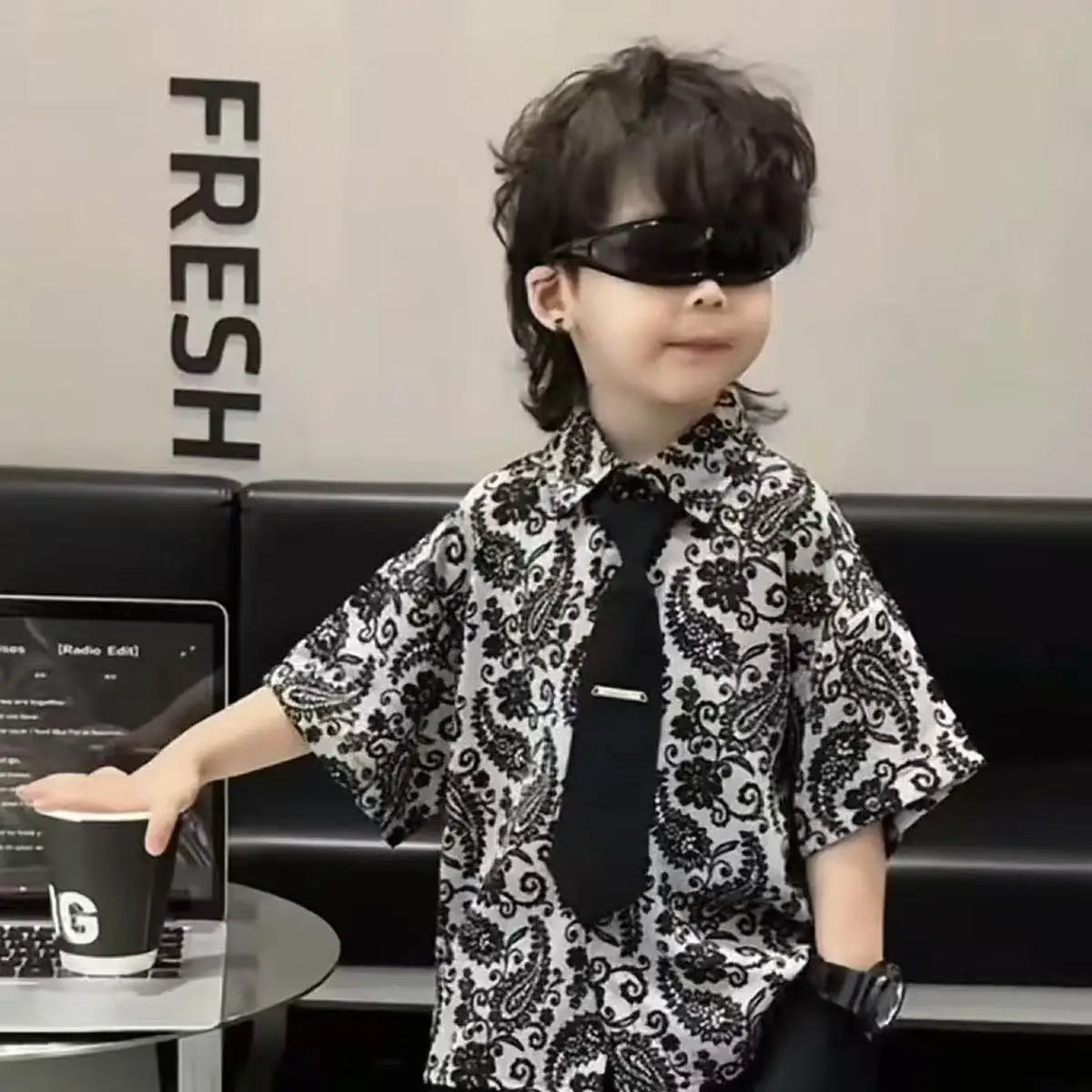 Summer Dress New Handsome Children's Flower Shirt Tie Shorts 3-Piece Set