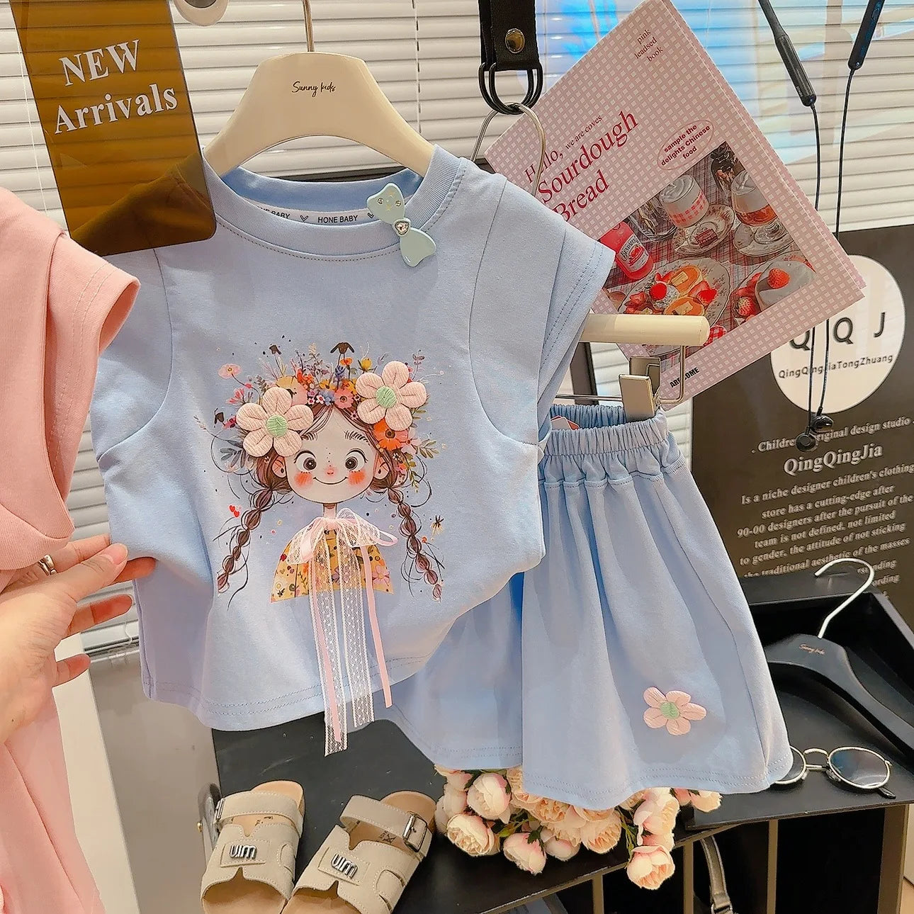 Korean Fresh Style Summer Set Cute Short Sleeve Top & High-Waist Shorts for Girls, 2-Piece Outfit