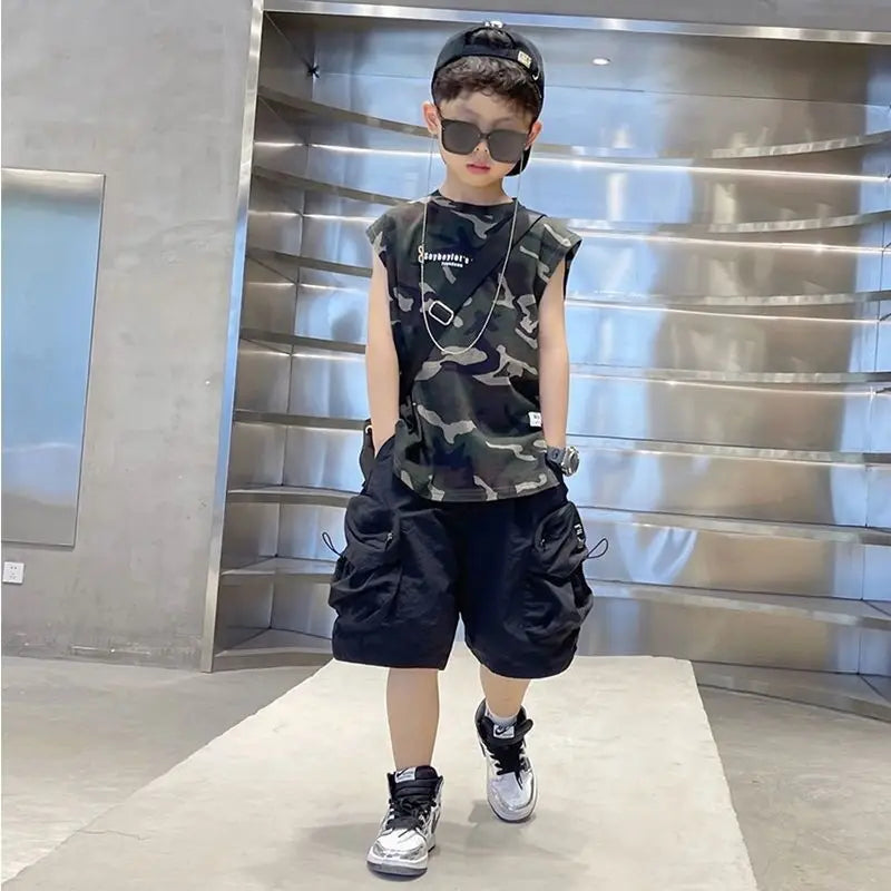 Boys Camouflage Vest Set Summer New Style Children's Sleeveless T-shirt Shorts Two Piece Set