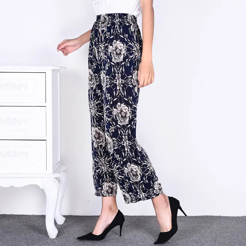Summer Ladies Ice Silk Loose Casual Home Pants Elastic plus Size Mom Square Sports High Waist Straight Leg Length Nine Points