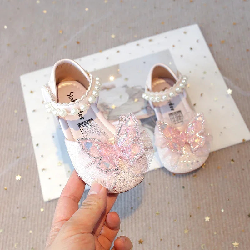 Girls Dress Shoes for Wedding Party Bling Sequins with Rhinestone Butterfly Sweet Princess Chic Kids Flat Shoes Lace Beaded