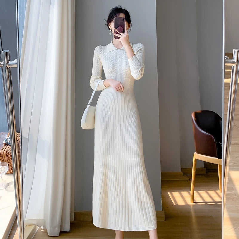 Sweater Dress Women New  Autumn Winter Purple White Or Black High Waist A Line Dress Elegant Long Knitted Dress