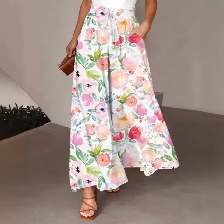 Pant Women Wide Leg Long Pants Print Floral Elastic Waist Straight Trousers  Streetwear Elegant Maxi Capris Loose Summer