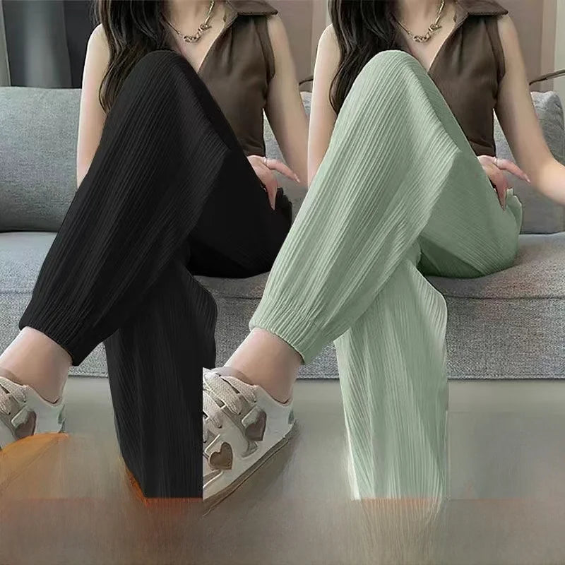 High Waist Lantern Pants Women's Loose Fit Summer Spor Casual Thin Ice Silk Drapey Two-Piece Set Commute Sle Korean Faion