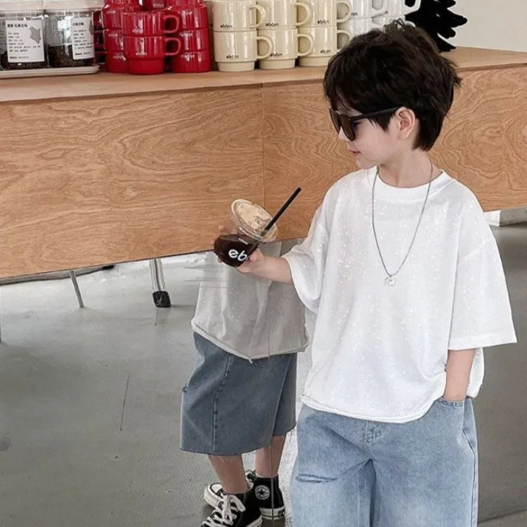 Kids' Oversized Star Print T-Shirt Korean Style Summer Casual Breathable Cotton Top