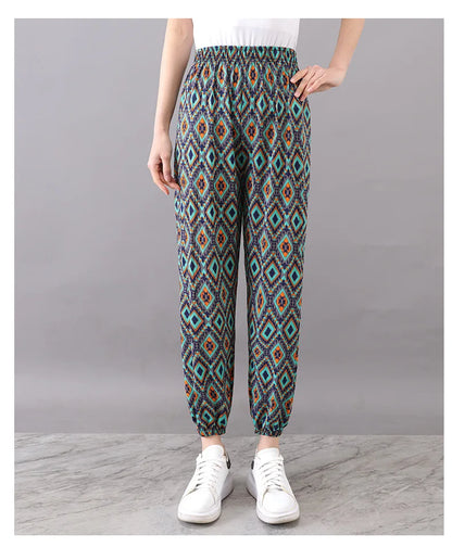 High Waist Floral Pants Straight Leg Home Leisure Women's plus Size High Elasticity Air Conditioning Pants Casual Trousers