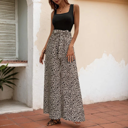 Women Sexy Leopard Print Wide Leg Pants High Waisted Elastic Flowy Palazzo Trousers Summer Boho Vacation Casual Bottoms