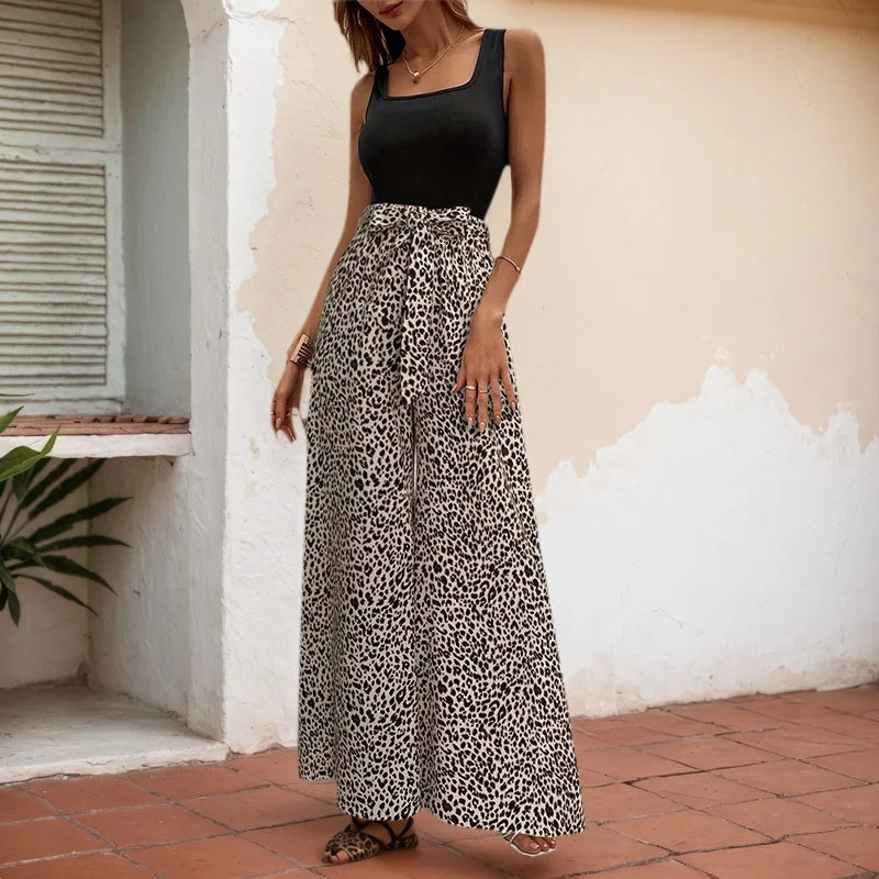 Women Sexy Leopard Print Wide Leg Pants High Waisted Elastic Flowy Palazzo Trousers Summer Boho Vacation Casual Bottoms