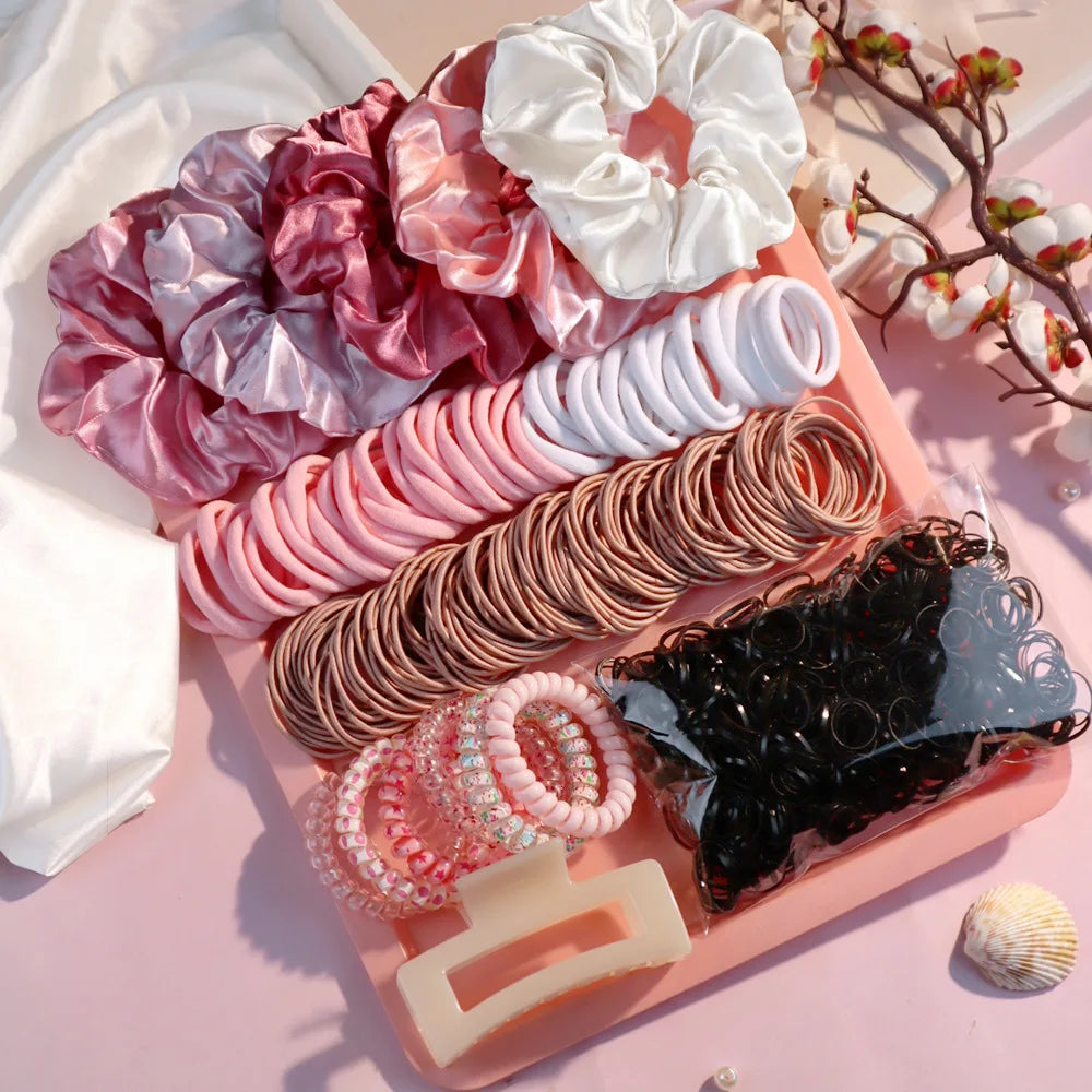 Fashionable Pink Hair Accessories Set for Women, Seamless Ponytail Holders Variety Hair Scrunchies For Women Lady 2024