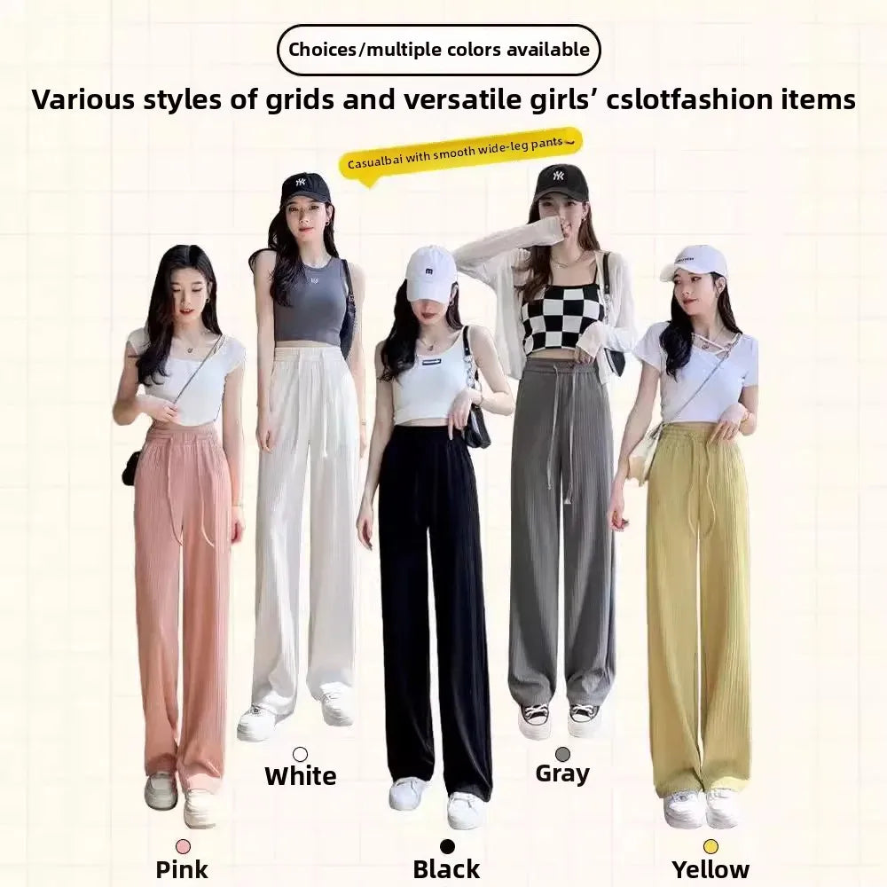 Ice Silk Wide Leg Pants Women's Summer Thin Narrow Version 145 Small Size Drape Straight High Waist Stripe Casual Trousers 150