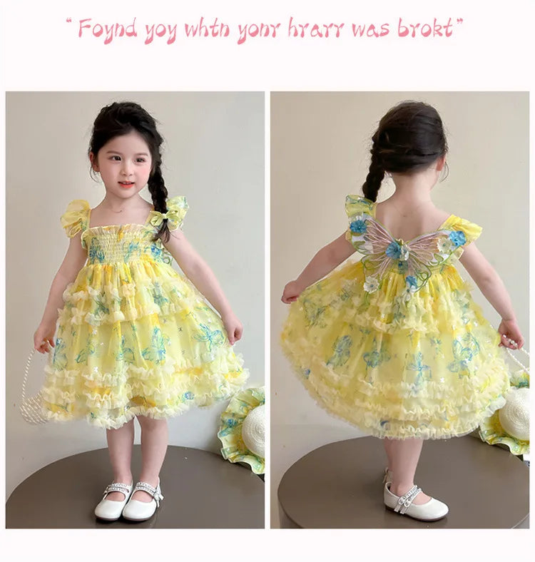 Girl Summer Mesh Dress Doll Baby  Kids Back Butterfly Flower Suspender Princess Dress Fashion Casual