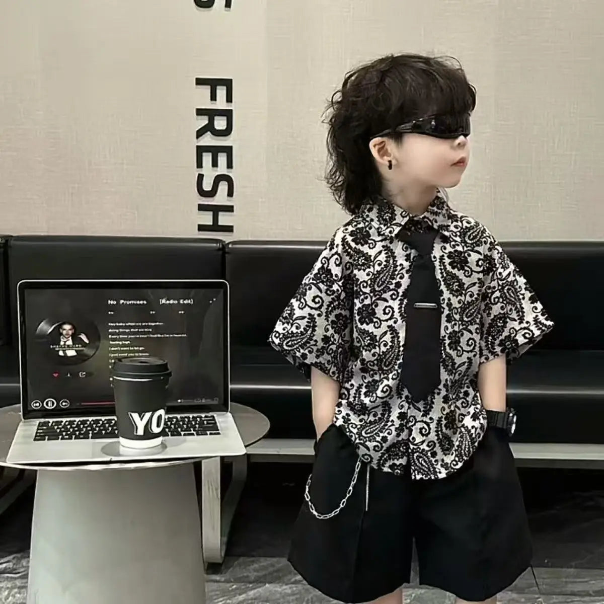 Summer Dress New Handsome Children's Flower Shirt Tie Shorts 3-Piece Set