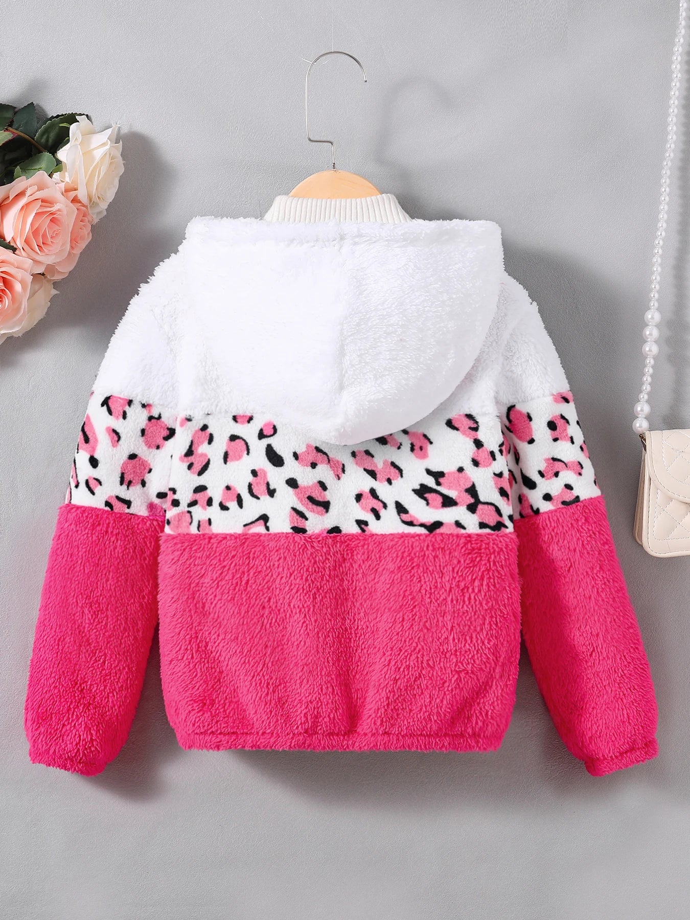 Girls' winter coral fleece leopard print color-blocked hooded jacket. Winter casual jacket. (Available)