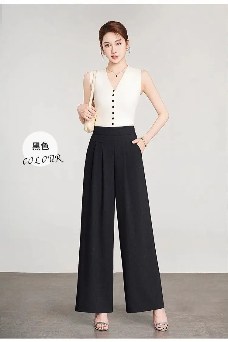 Women's Black High Waist Wide Leg Pants Pleated Loose Fit Formal Casual Trousers