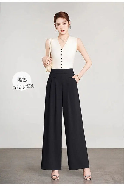 Women's Black High Waist Wide Leg Pants Pleated Loose Fit Formal Casual Trousers