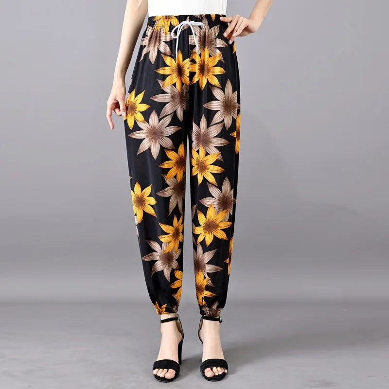 Summer Ladies Ice Silk Loose Casual Home Pants Elastic plus Size Mom Square Sports High Waist Straight Leg Length Nine Points