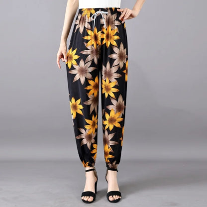 Summer Ladies Ice Silk Loose Casual Home Pants Elastic plus Size Mom Square Sports High Waist Straight Leg Length Nine Points