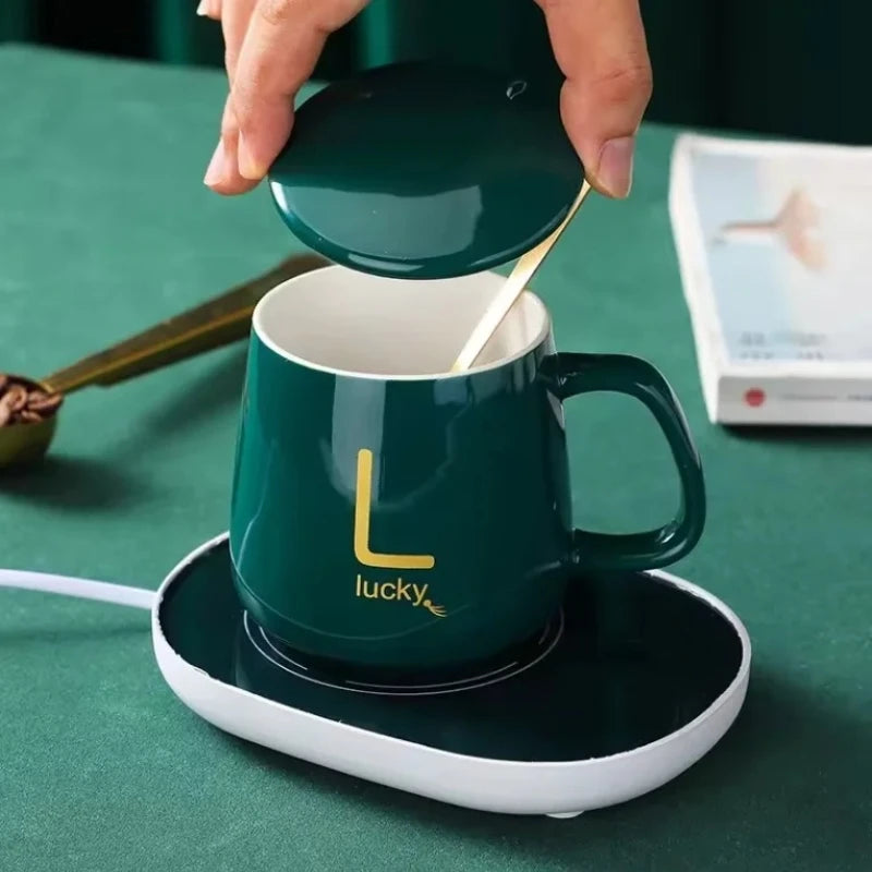 Heated Coffee & Tea Mug Set, Ceramic Thermostatic Cup with Lid & Spoon, Fashionable Lucky Cup, Valentine’s Day Gift