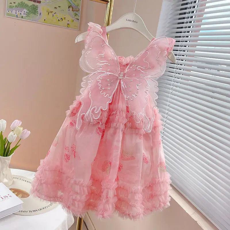 Baby Girls' Summer and Spring New Dress Butterfly Mesh Princess Fashion and Beautiful Kids Outwear Evening Dress