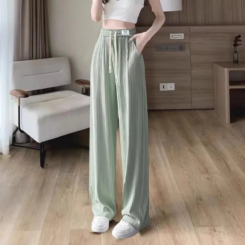Ice Silk Wide Leg Pants Women's Summer Thin Hanging Sense Small Casual Summer Cool Straight Tube Pants High Waist Nine Points
