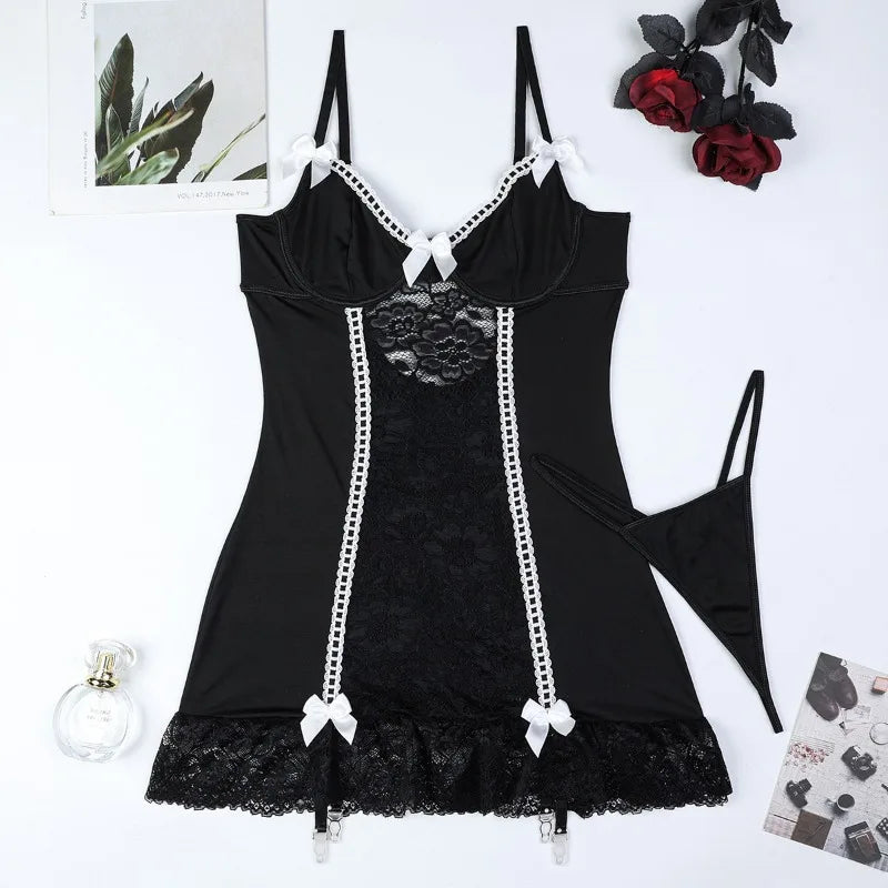 Sexy Babydolls Lace Temptation Night Dress Thong Two Piece Set Women's Exotic Underwear Hot Sexy Floral Lace Bow Lingerie Sets