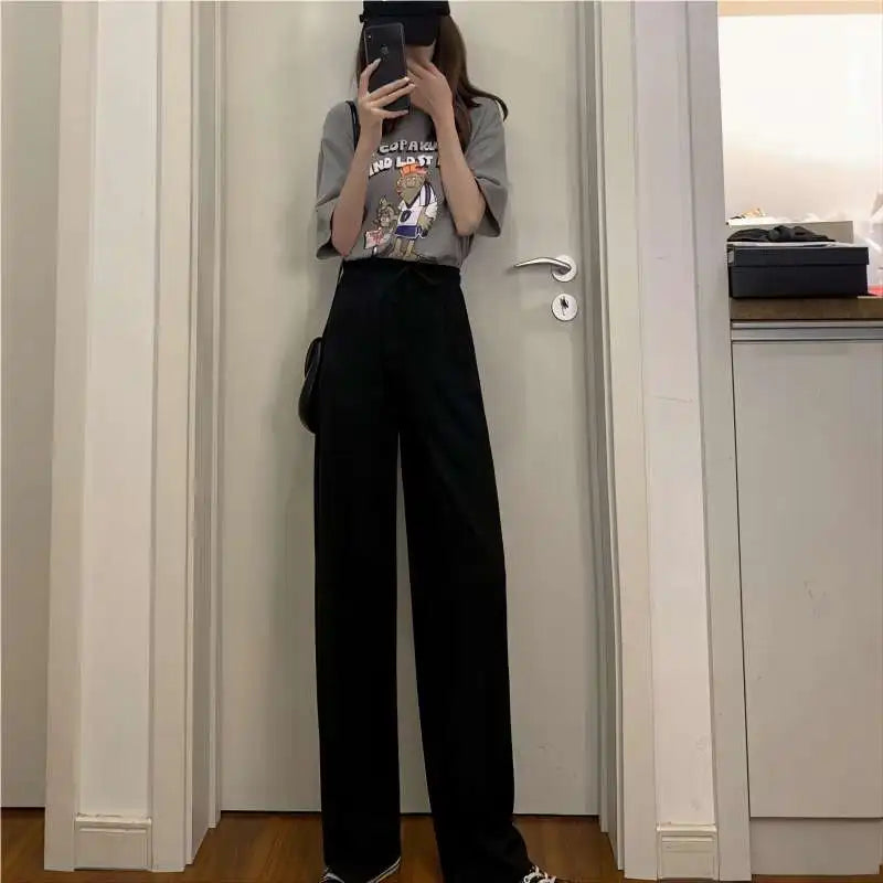 New Women Ankle-Length Wide Leg Pants Casual Summer Solid Elastic Waist Loose Ice Silk Pants Spring Summer Female Trousers