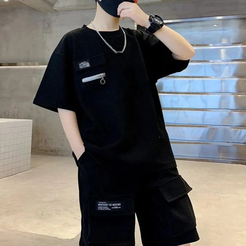 Summer Kids Boys T-Shirt+Shorts 2-Piece Set Letter Printing Children Teen Loose Comfortable Sports Casual Clothes 4-14 Years Old