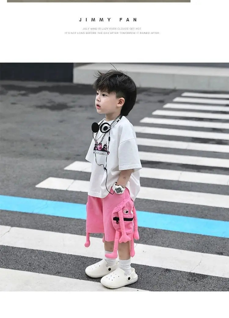 Korean Kids Clothes Boys' Summer Female Child Clothes Children's Printed Cotton Short Sleeved T-shirt Shorts 2piece Sports Set