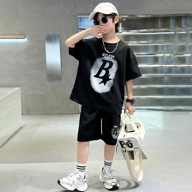 New Summer Teenager Boys Clothing Set Cotton Letter Short Sleeve T-shirt Shorts  Years Kids Tracksuits Child Cloth