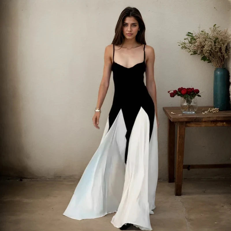 Sexy Sleeveless Women's Slip Dresses Elegant Contrast Color Spaghetti Straps Backless Long Dress Fashion Luxury Party Vestidos