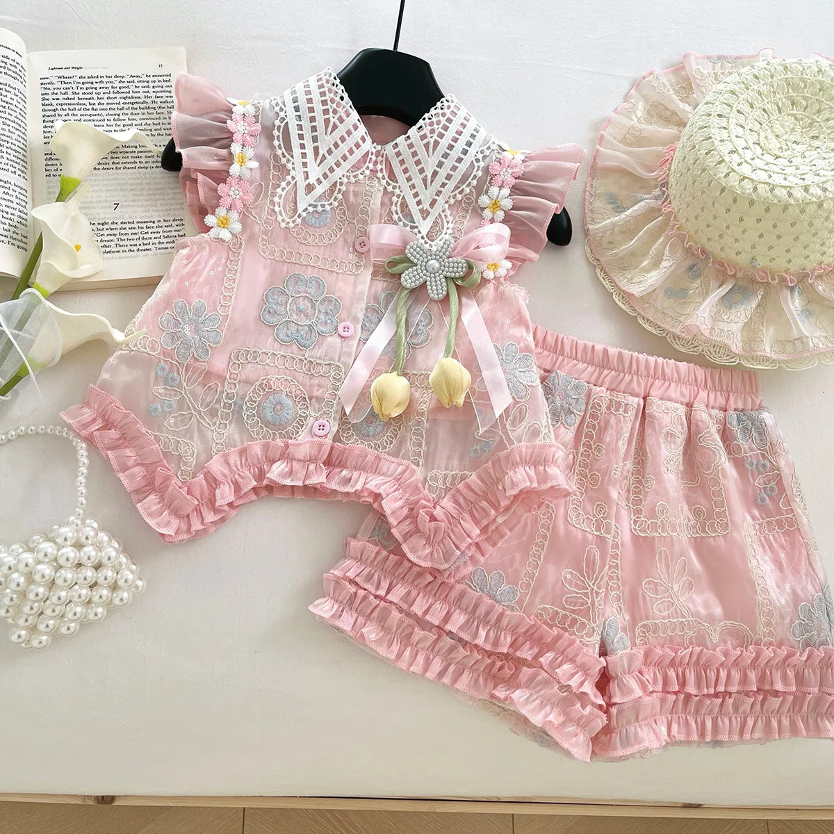 Baby Girls Summer Clothes Sweet Lace Embroidery Flowers 3pcs Sets Tops Shirts+shorts+hat,Kids Children Princess Clothes