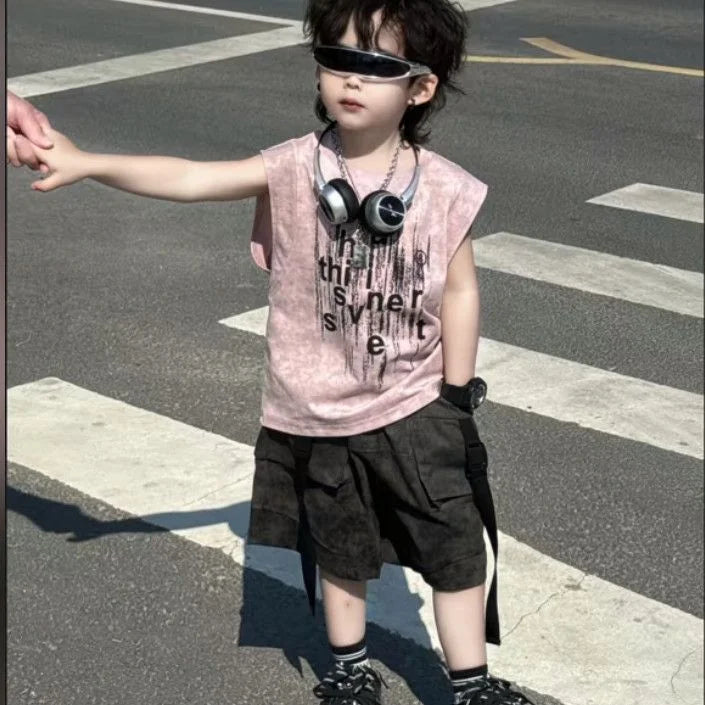 Summer Boys Loose Sleeveless Printed T-Shirt Tops + Hole Shorts  Set Child Outfit Handsome Kids Clothes Boys 2-10Y Vest Suit