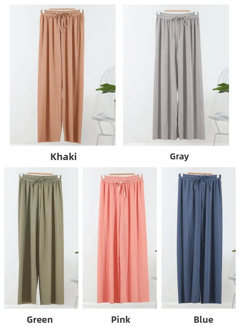 Ice Silk Wide Leg Pants Women's Summer  New High Waist Drape Loose Slimming Straight Bla Floor-Length Casual Trousers