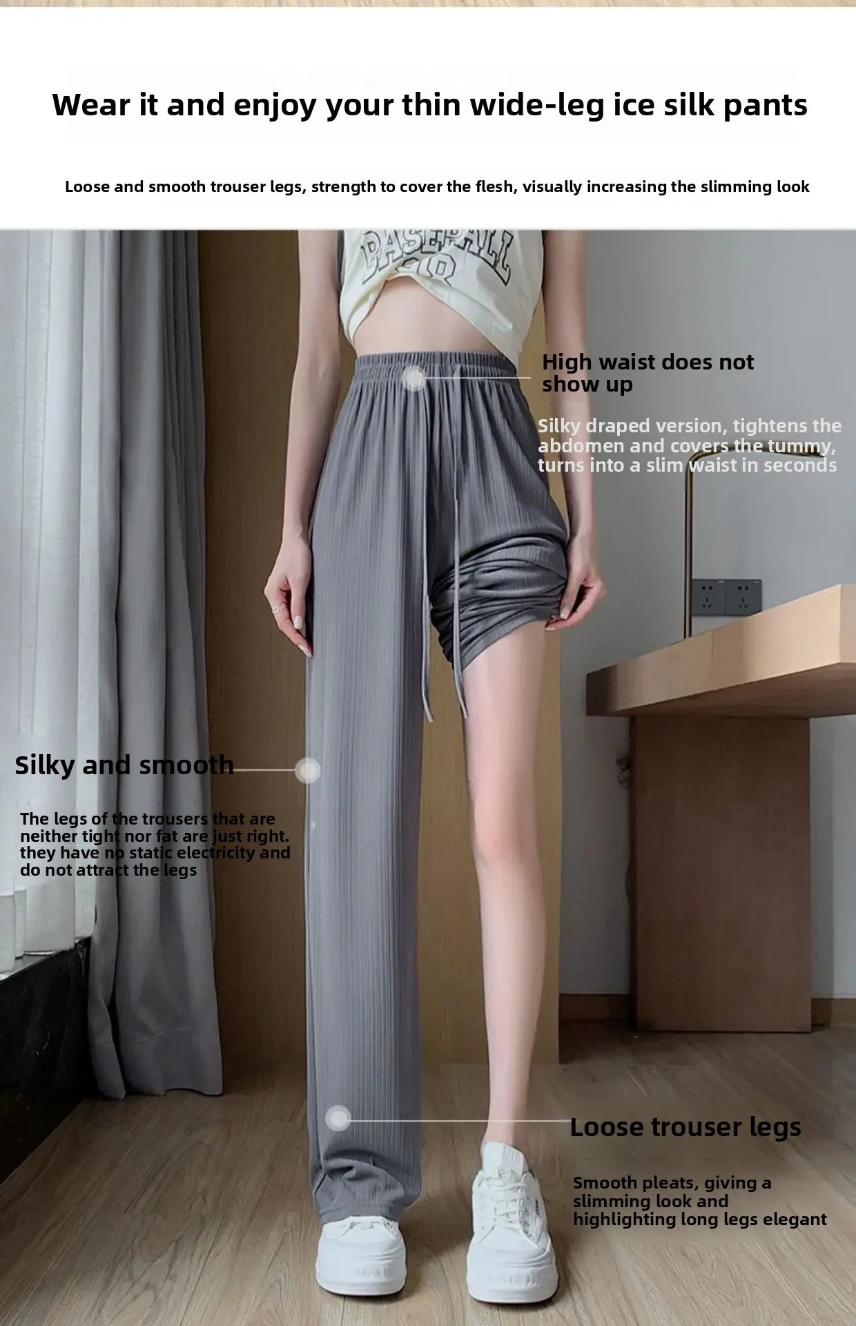 Ice Silk Wide Leg Pants Women's Summer Thin Narrow Version 145 Small Size Drape Straight High Waist Stripe Casual Trousers 150