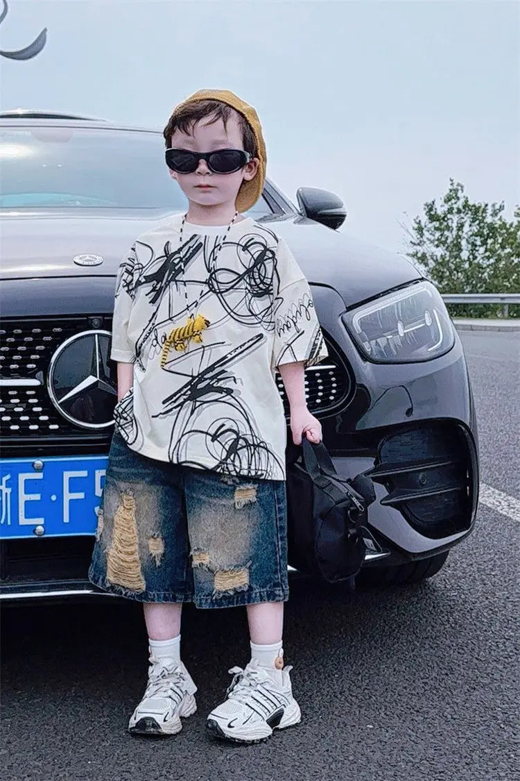 Summer children boys fashion casual T shirt hole jeans sets suits