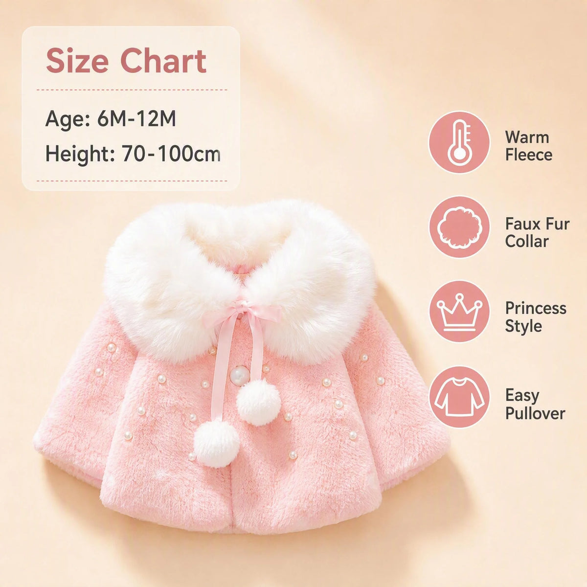 Girls Winter Fleece Cape Cloak with Faux Fur Collar Polka Dot Pearl Bowknot Warm Poncho Coat for Toddler Baby Girl Autumn Outerw
