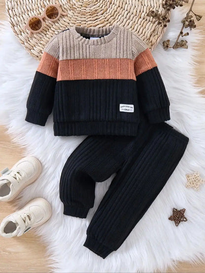 BOYS AND GIRLS FASHION TREND THREE COLOR LONG SLEEVED TOP ROUND NECK SWEATER PANTS 2-PIECE SET