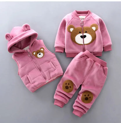 3Pcs Boys Suit Autumn And Winter Baby Girl Clothes Fleece Thickened Keep Warm Sets For Children Cute Bear Embroidery Clothing