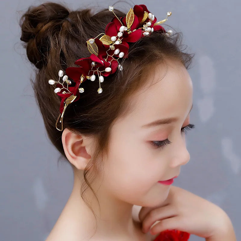 Red Ancient Chinese Style Headband Floral Hairpiece for Girls Princess Hanfu Accessories Traditional Festival Celebration Gift