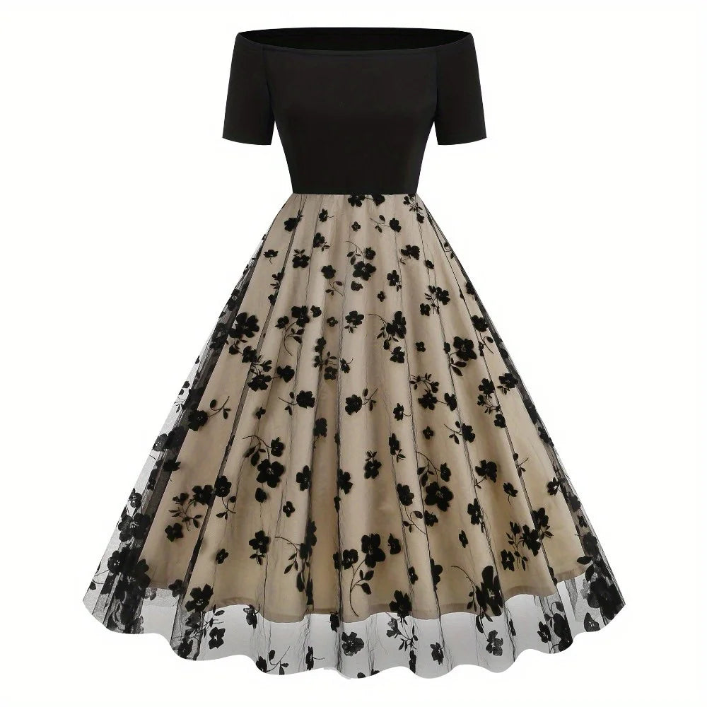 New Fall & Winter Western Retro Off-the-Shoulder Dress - Tulle Paneled Evening Gown