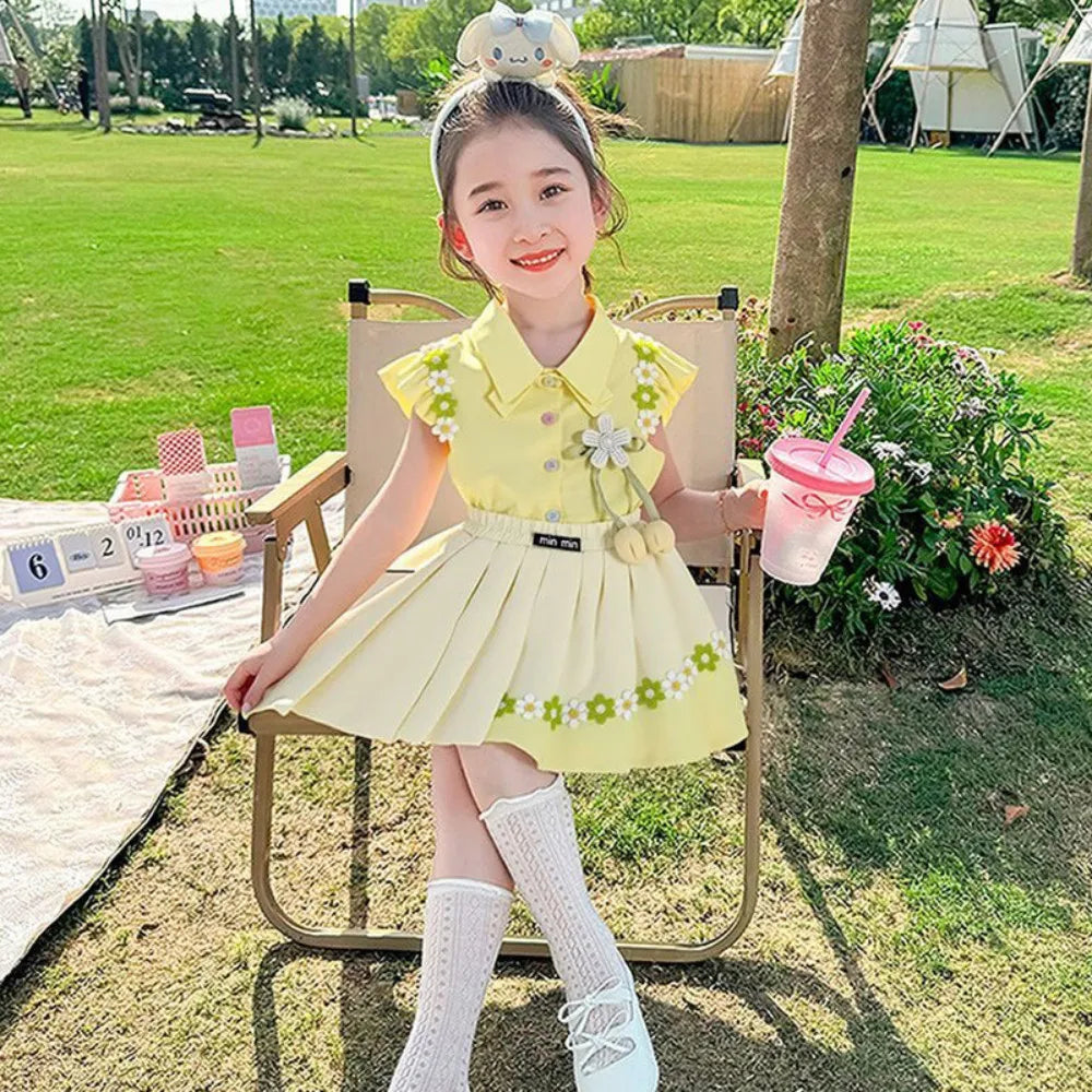 Bear Leader Summer Sweet and Cute Girl's Suit Pink 3D Decal Top+Decal Pleated Skirt 2Pcs Set Korean Fashion Children's Clothing