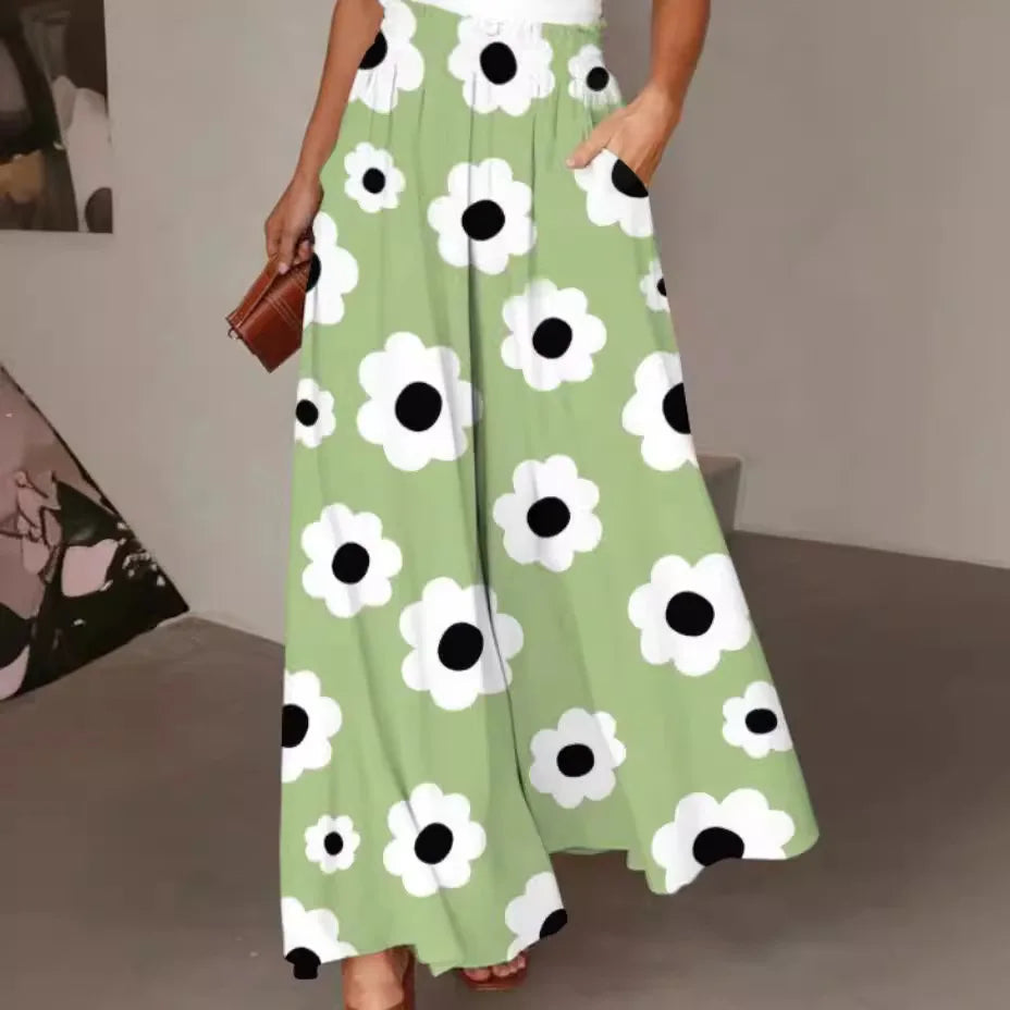 Pant Women Wide Leg Long Pants Print Floral Elastic Waist Straight Trousers  Streetwear Elegant Maxi Capris Loose Summer