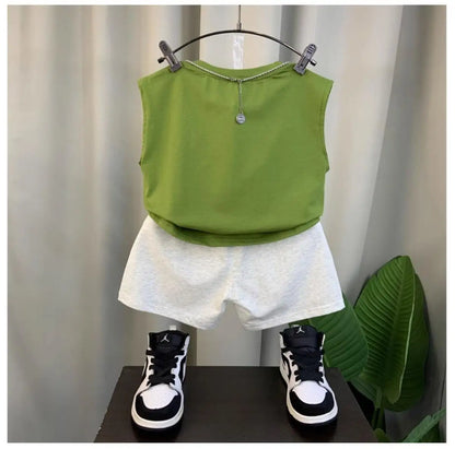 2025 New Boys Baby Girl Summer Vest Set Summer Sleeveless Fashion Boys' and Children's Handsome Two Piece Set