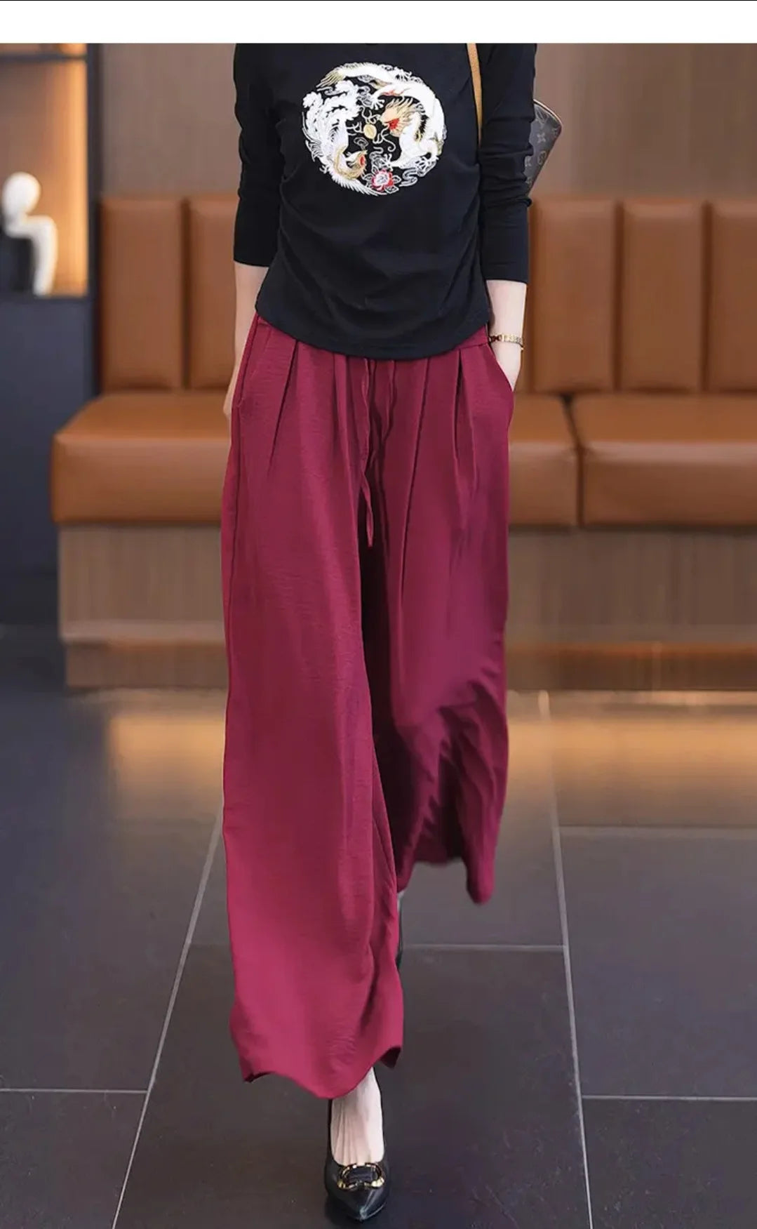 Summer Ice Silk Wide Leg Pants Women's Loose Casual Long Trousers High Waist Korean Sle Polyester Fiber Drapey Sumi Pants
