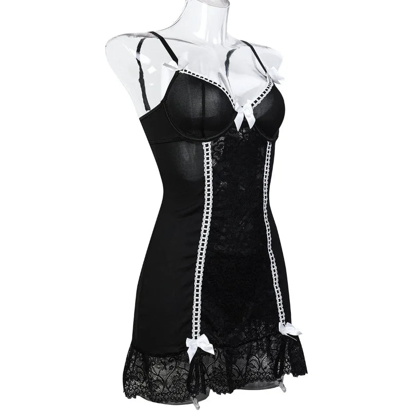 Sexy Babydolls Lace Temptation Night Dress Thong Two Piece Set Women's Exotic Underwear Hot Sexy Floral Lace Bow Lingerie Sets