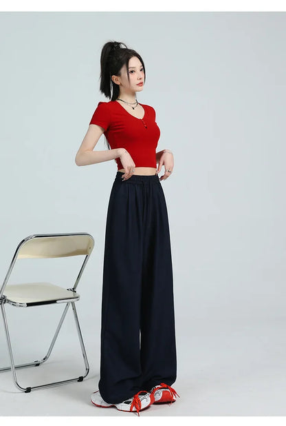White Ice Silk Wide Leg Pants Women's Summer Thin High Waist Slimming Casual Versatile Elastic Waist Draped Straight Leg Trouser
