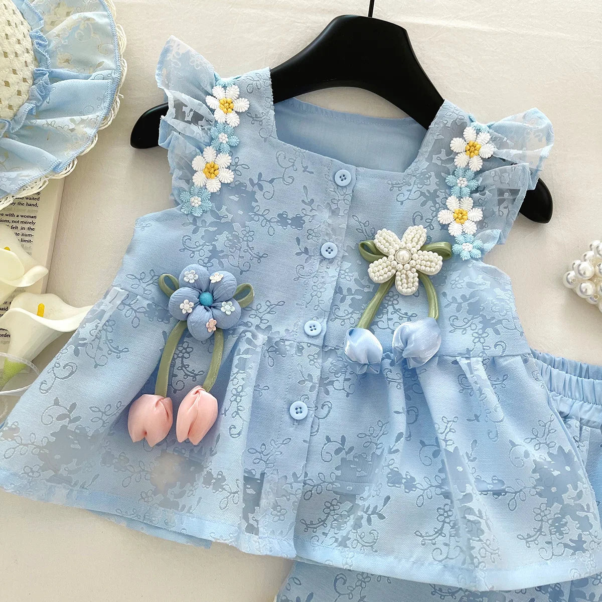 New Children's Outfit Summer New Baby Chinese Style Hanfu Fashionable Girl Tang Suit Two-Piece Set with Hat