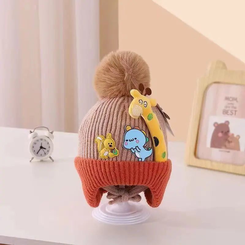 Cartoon Giraffe Baby Knitted Hat Thickened Lining Wool Hat Warm Winter Hat with Ear Protection Cold Resistant Baby Headwear